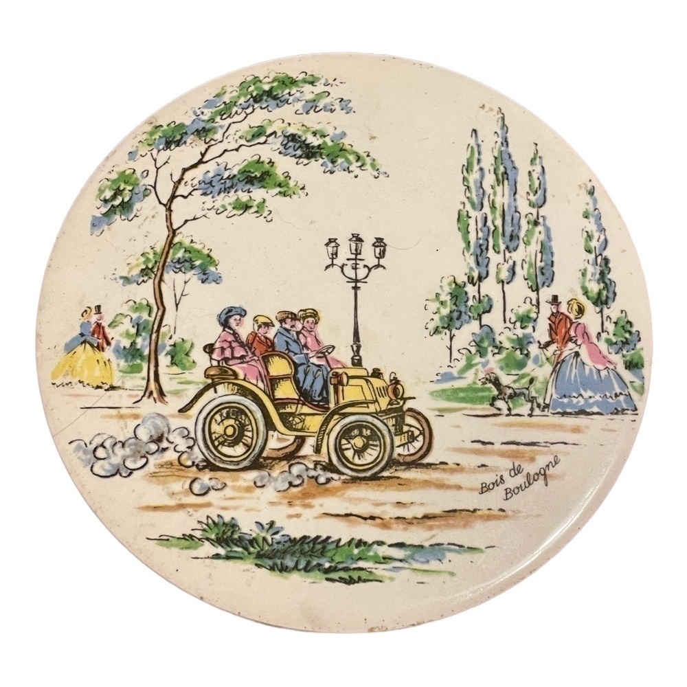 VINTAGE round ceramic trivet Bois de Boulogne, Paris France scene.